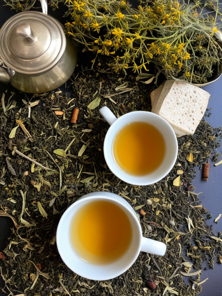 Tisanes dans une théière en porcelaine blanche sur une table en bois rustique, avec des herbes fraîches à côté