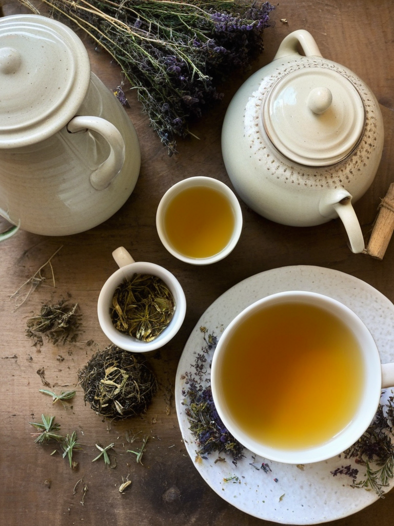 Tasses de tisanes colorées posées sur une table en bois, avec des herbes fraîches et des bocaux contenant des mélanges de plantes séchées