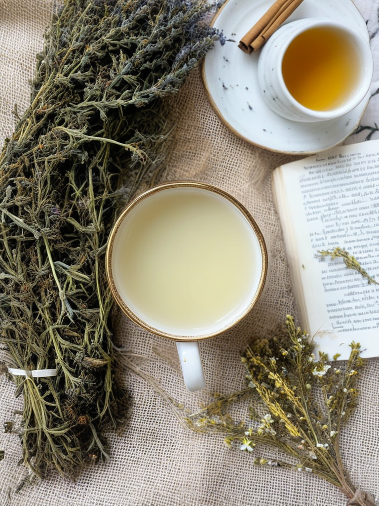 Une tasse fumante de tisane dans un cadre champêtre